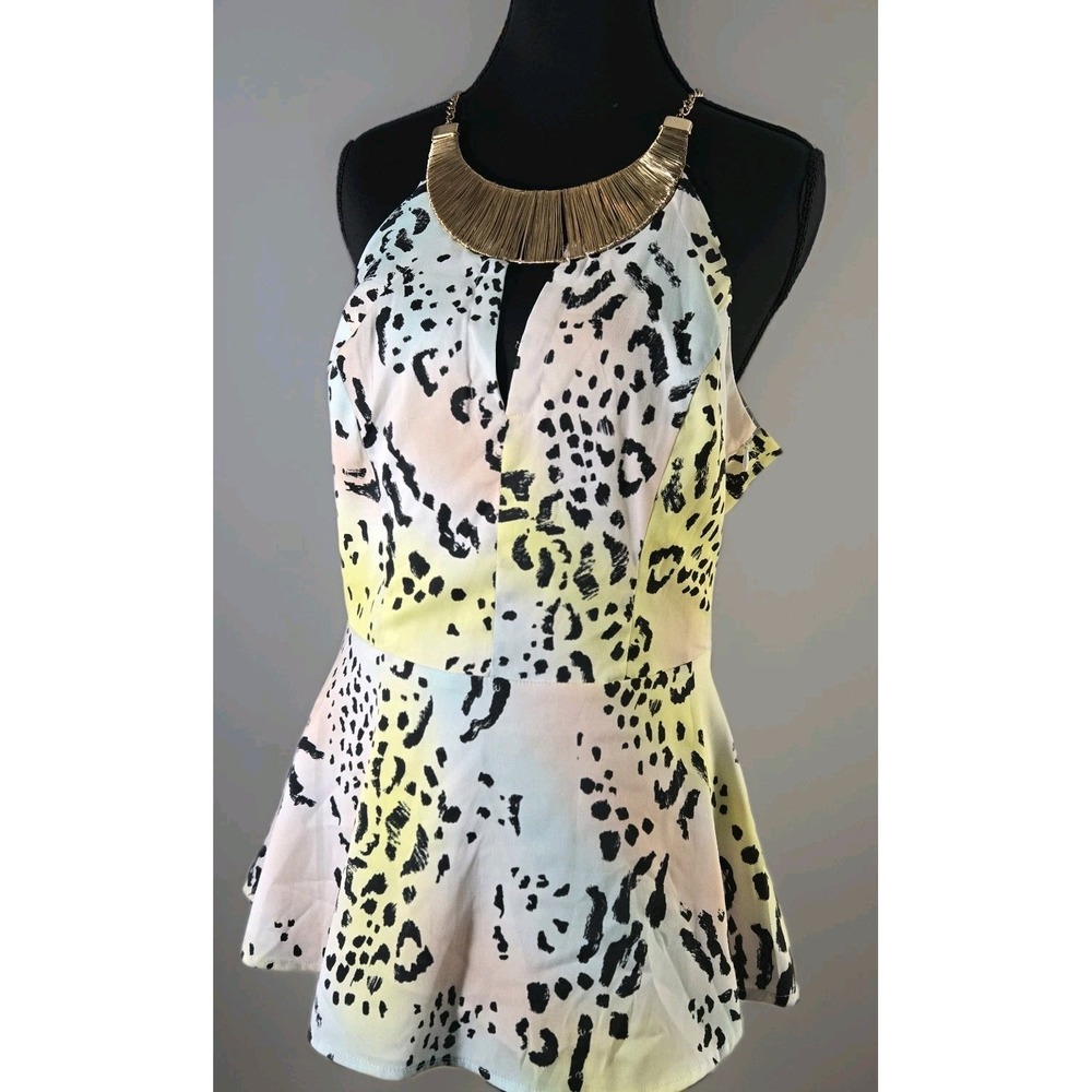 Bebe Animal Print Peplum Tank Shirt Spaghetti Strap Womens M With Metal Neckline
